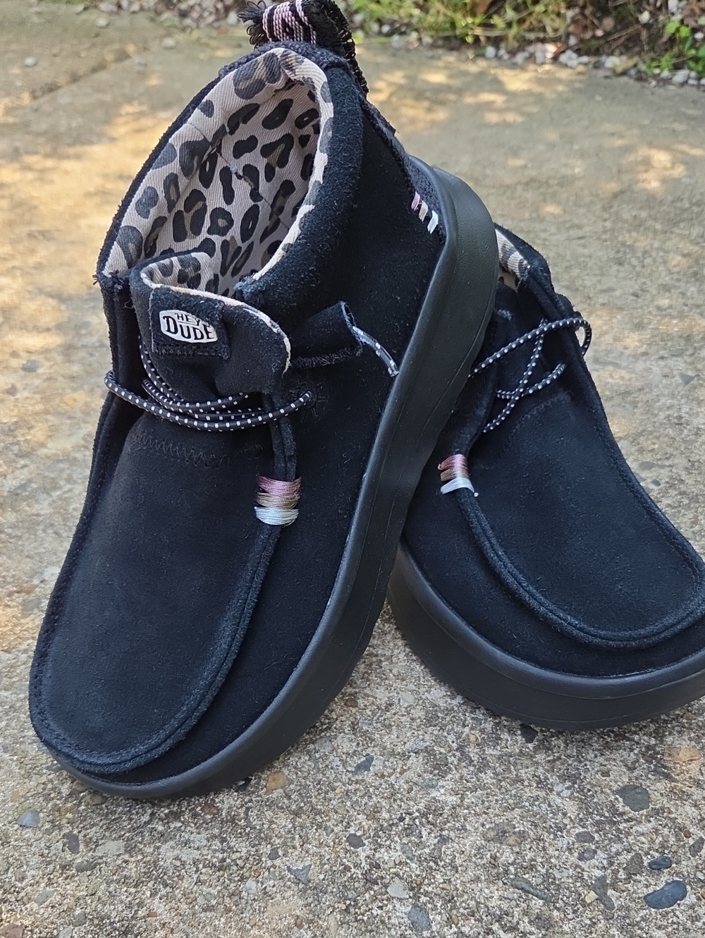 Hey Dude Wendy Platform Black Suede Leopard Print Shoes Women's Size 7 NWOT